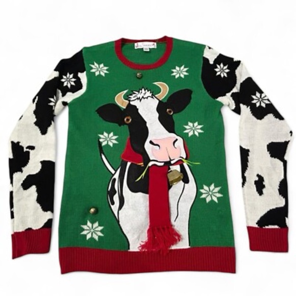 Men's Festive Cow Sweater with Red Accents Size Medium - Picture 1 of 11